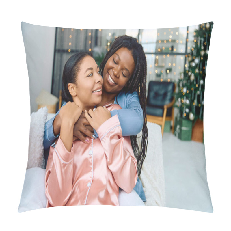 Personality  A Lesbian Couple Embraces Joyfully In A Festive, Beautifully Decorated Area With Lights. Pillow Covers