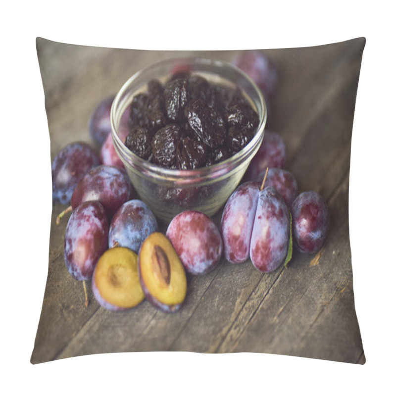 Personality  Dried Plums Or Prunes In Bowl On Wooden Background  Pillow Covers