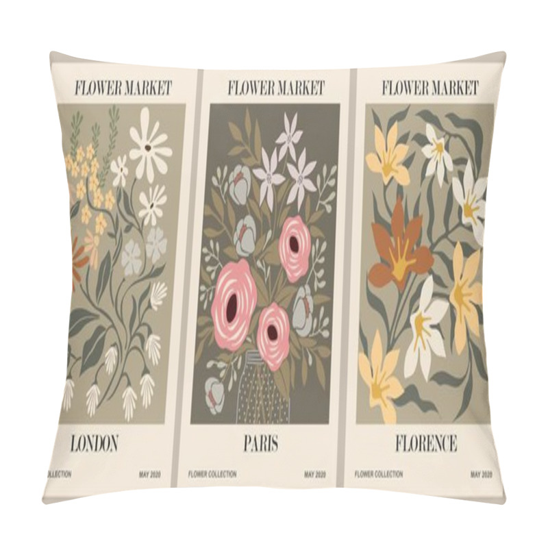 Personality  Set Of Abstract Flower Market Posters. Trendy Botanical Wall Arts With Floral Design In Earth Tone Sage Green Colors. Modern Naive Groovy Botanical Interior Decorations, Paintings. Vector Illustration Pillow Covers