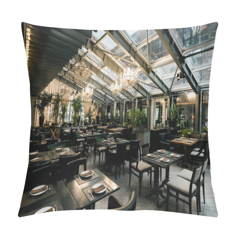 Personality  View Of Stylish Empty Cafe With Arranged Tables And Chairs For Visitors Pillow Covers