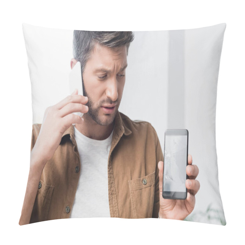 Personality  Businessman Talking On Mobile Phone While Looking At Smashed Smartphone On Blurred Background Pillow Covers