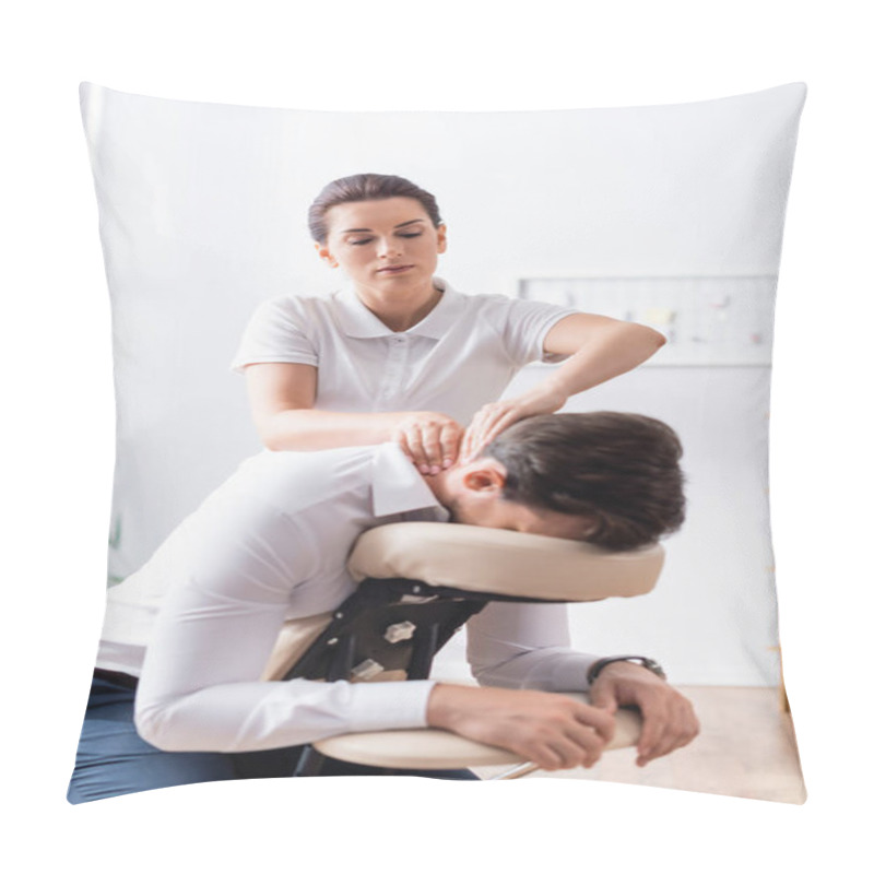 Personality  Female Massage Therapist Massaging Neck Of Businessman Sitting On Massage Chair In Office On Blurred Background Pillow Covers