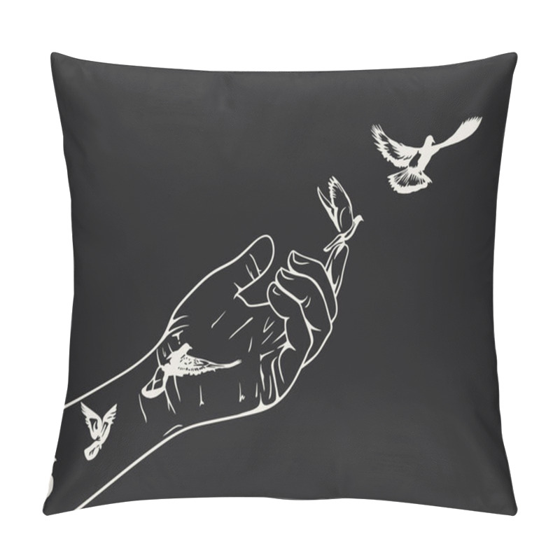 Personality  A Minimalist Black And White Illustration Depicting A Hand Releasing Birds Into The Sky. Pillow Covers