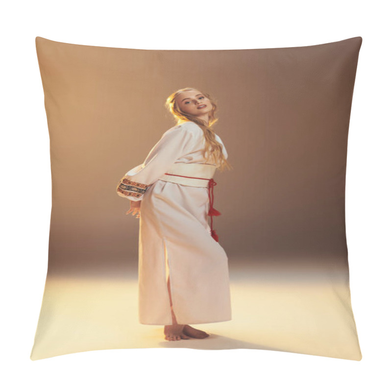 Personality  A Young Mavka Stands Gracefully In A Studio Adorned In A Traditional White Robe, Exuding An Aura Of Ornate Fantasy. Pillow Covers