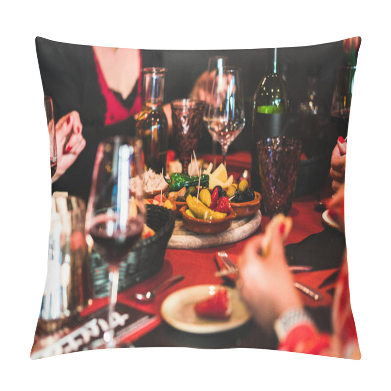 Personality  People Eating Tapas At A Tapas Bar With Food And Drinks On The Table Pillow Covers