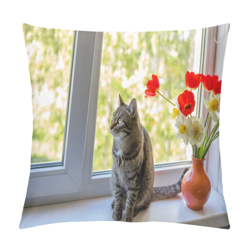 Personality  A Cat Sits On One Near Bright Red White And Yellow Flowers In A Vase. Outside The Window Is Green Foliage Of Trees. Sunlight Falls Through The Window Pillow Covers