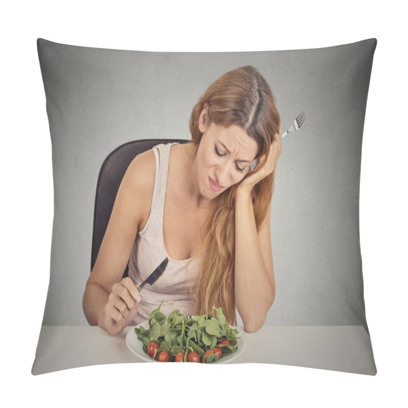 Personality  Sad Displeased Young Woman Eating Salad Pillow Covers