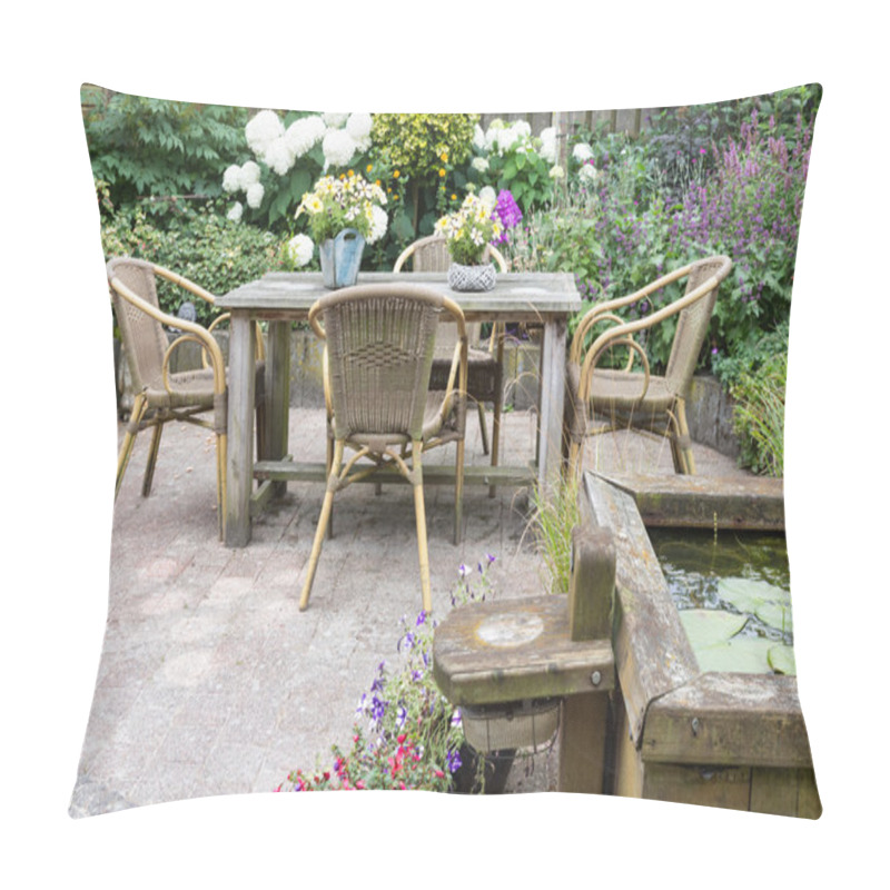 Personality  Wooden Table And Chairs In A Ornamental Garden Pillow Covers