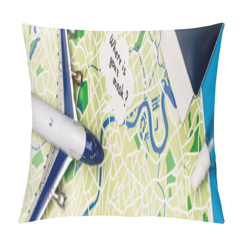 Personality  Top View Of Toy Plane Near Speech Bubble With What Is Your Mask Lettering Near Passport On Map On Blue Surface, Panoramic Shot Pillow Covers