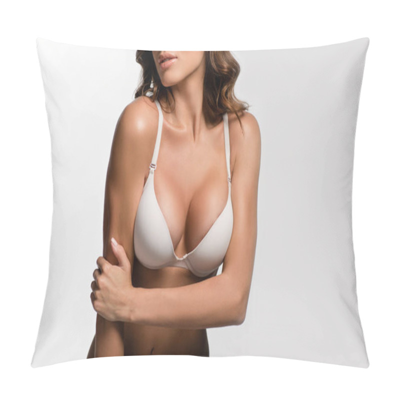 Personality  Cropped View Of Seductive Girl With Big Breasts In White Bra Posing Isolated On White Pillow Covers