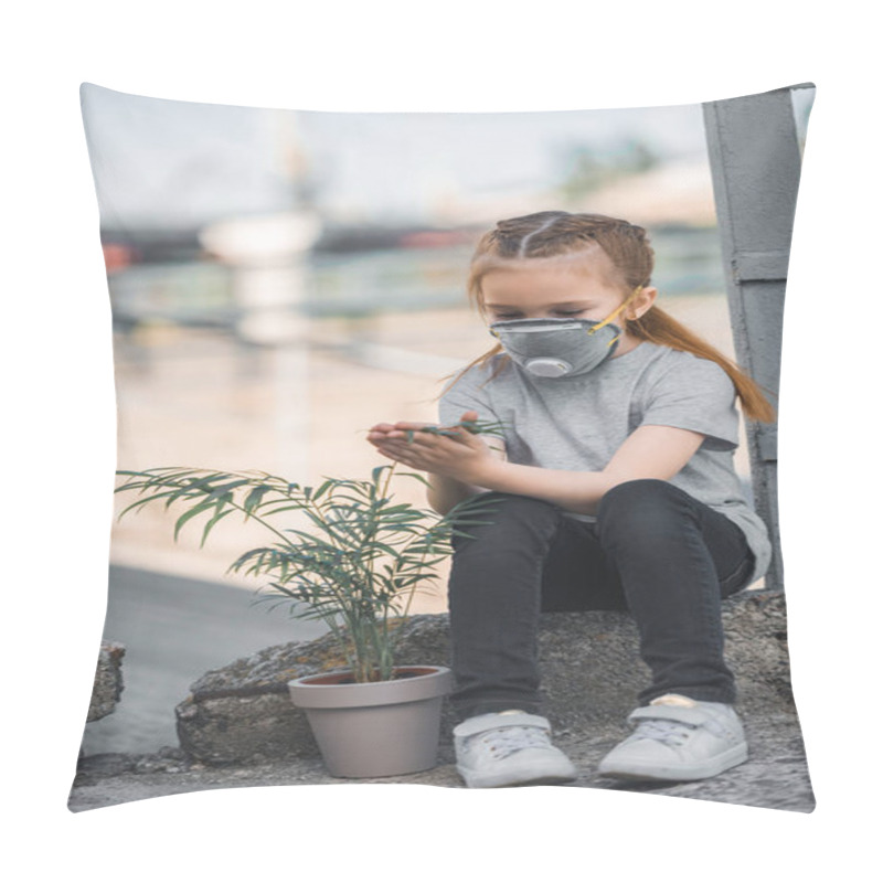 Personality  Child In Protective Mask Touching Green Potted Plant, Air Pollution Concept Pillow Covers