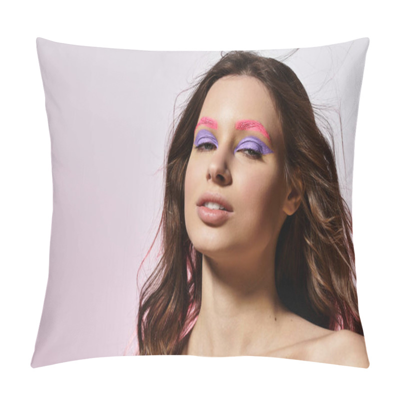 Personality  Young Woman Showcases Her Striking Beauty With Vibrant Makeup In A Modern Studio. Pillow Covers