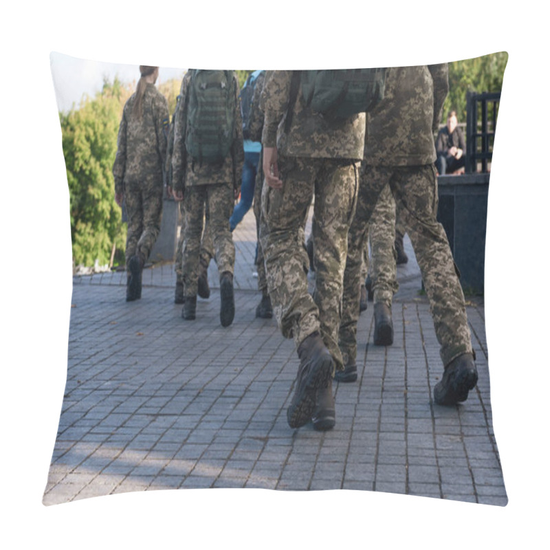 Personality  A Group Of Soldiers Are Walking Along The Street. People In Military Uniform In The City. Closeup. Pillow Covers