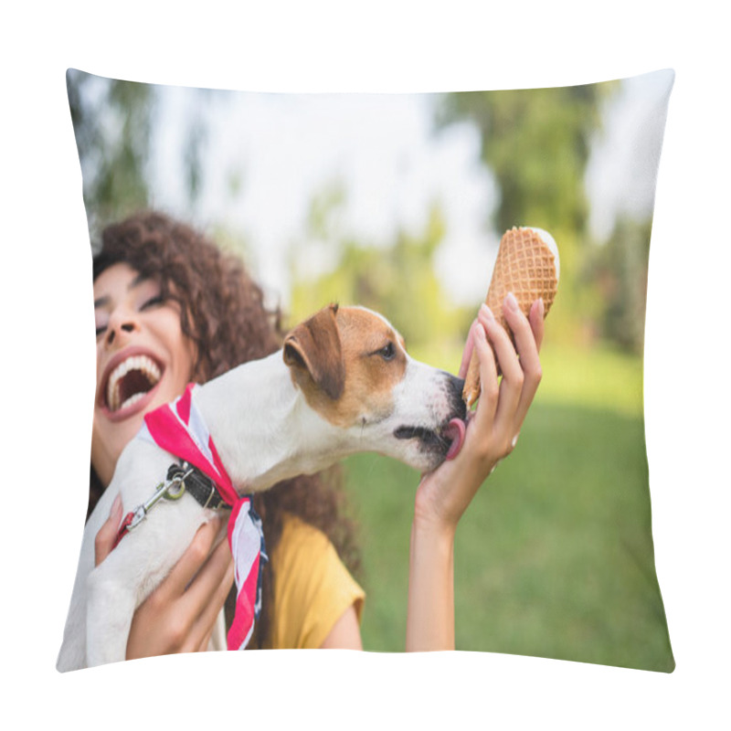 Personality  Selective Focus Of Young Woman Laughing And Feeding Jack Russell Terrier Dog Pillow Covers