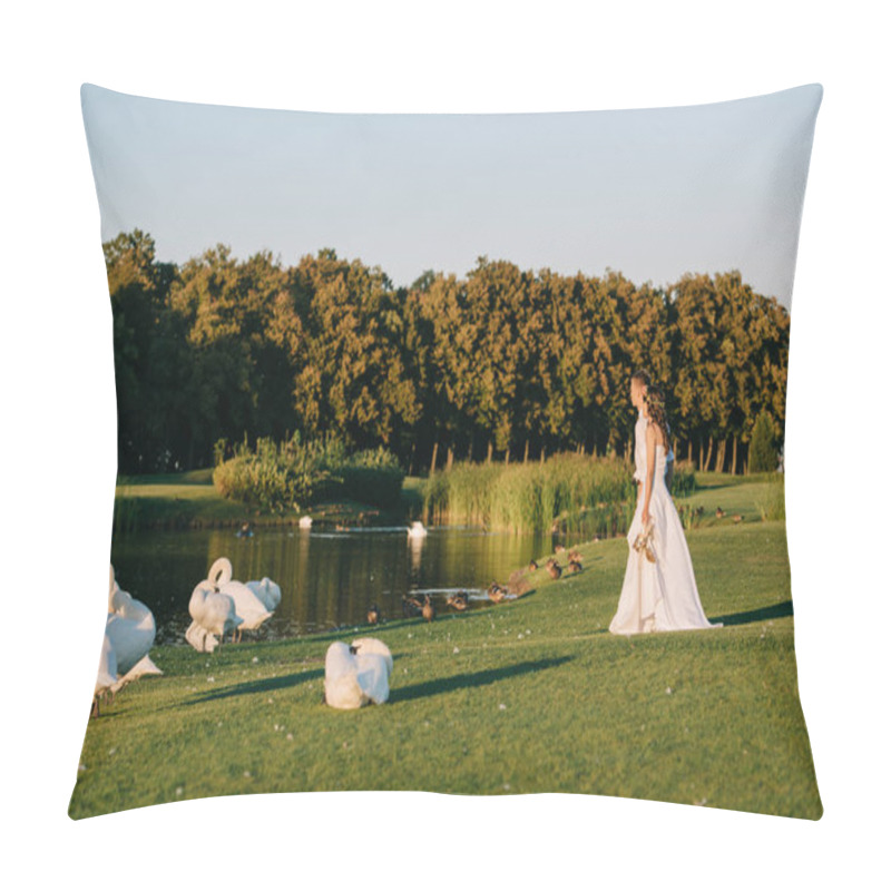 Personality  Young Wedding Couple Standing Near Lake And Looking At Beautiful Swans Pillow Covers