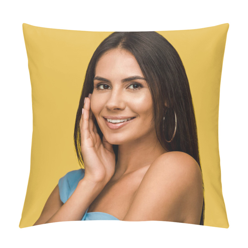 Personality  Beautiful Woman Looking At Camera Isolated On Orange  Pillow Covers