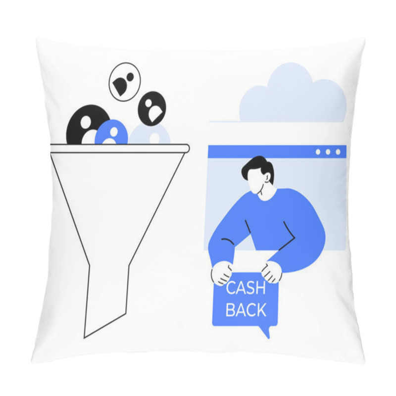 Personality  A Funnel Sifting People Icons Next To A Person In A Web Window Holding A Cash Back Sign. Ideal For Marketing Customer Acquisition Incentive Programs Online Shopping And Business Strategies. Clean Pillow Covers