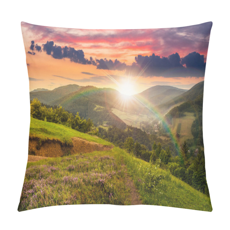 Personality  Flowers On Hillside Meadow With Forest At  Sunset Pillow Covers