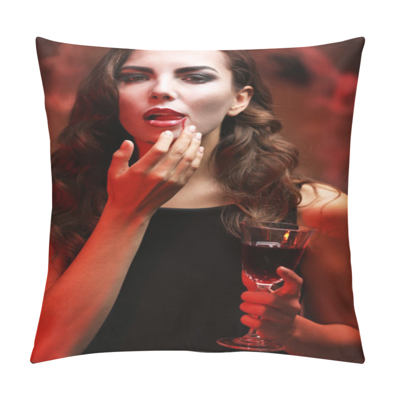 Personality  Young Woman Dressed As Vampire For Halloween Party, Closeup Pillow Covers