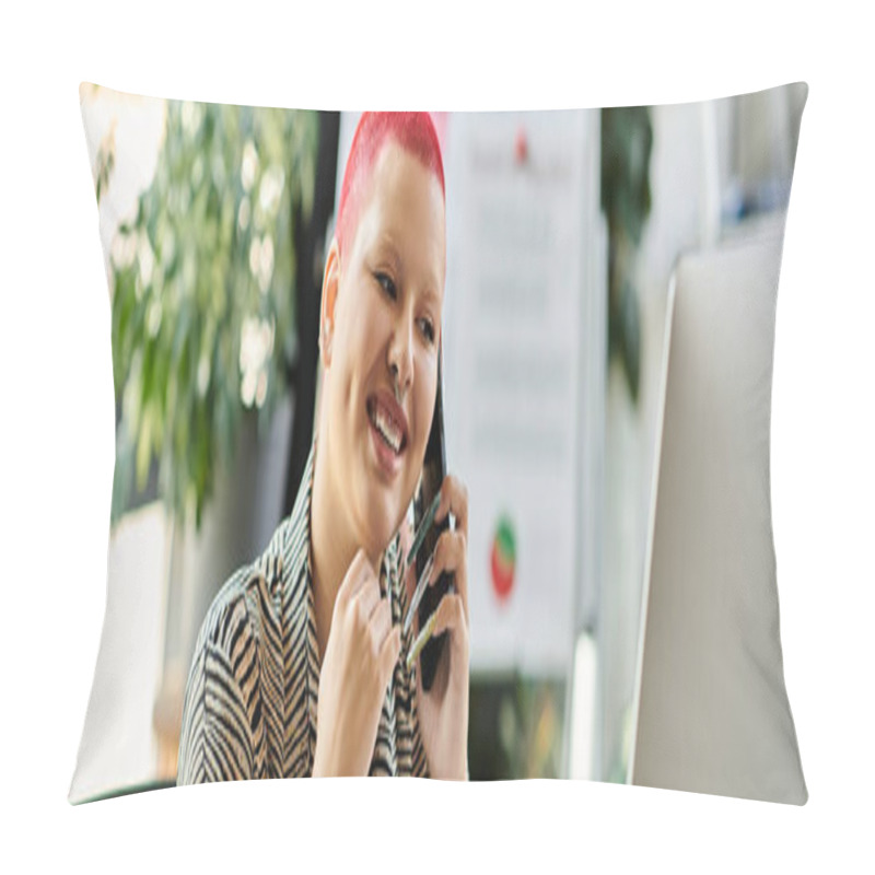 Personality  A Bald Woman With Vibrant Pink Hair Is Engaged In A Cheerful Phone Conversation While Working. Pillow Covers