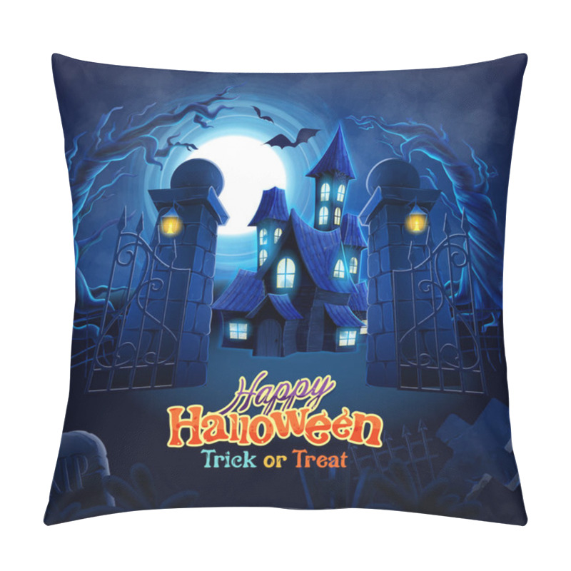 Personality  Halloween Poster With Dark Spooky Castle In Magic Forest With Old Cemetery Graves And Flying Bats On Full Moon Background Pillow Covers