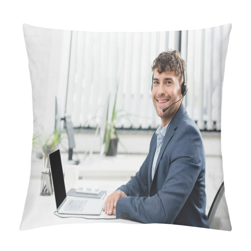 Personality  Cheerful Consultant In Headset Looking At Camera, While Sitting At Table With Digital Devices On Blurred Background Pillow Covers