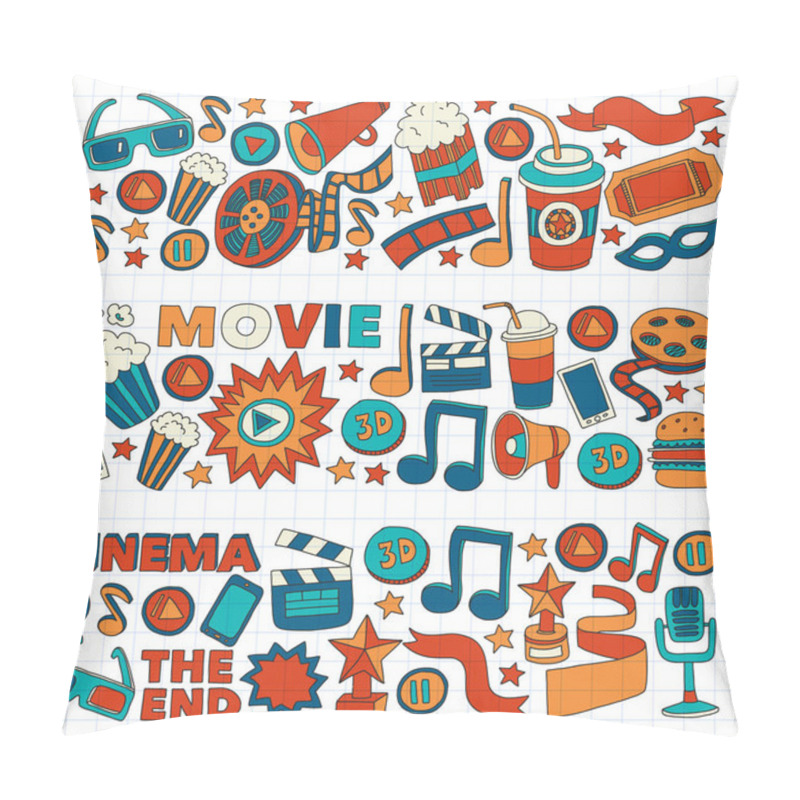 Personality  Movie, Cinema Set. Pattern Doodle Background With Vector Icons. Video TV. Pillow Covers