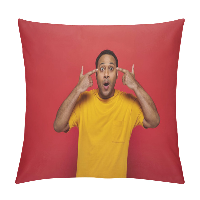 Personality  Mind Blowing, Shocked Indian Man With Fingers Near Head Looking At Camera On Red Backdrop In Studio Pillow Covers