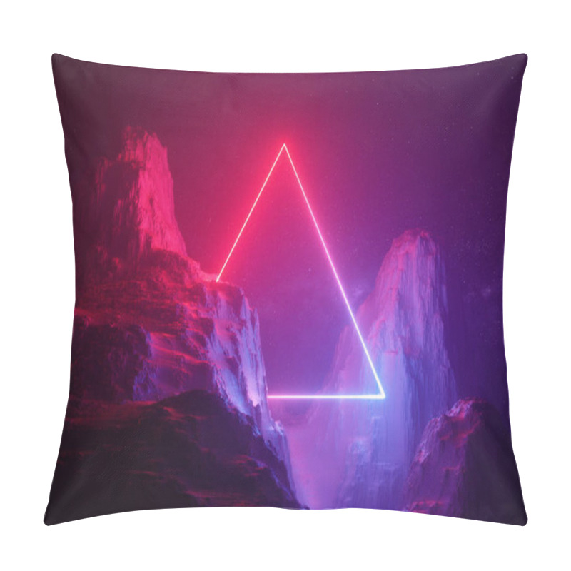 Personality  3d Render, Abstract Background, Cosmic Landscape, Triangular Portal, Pink Blue Neon Light, Virtual Reality, Energy Source, Glowing Quad, Dark Space, Ultraviolet Spectrum, Laser Triangle, Rocks, Ground Pillow Covers