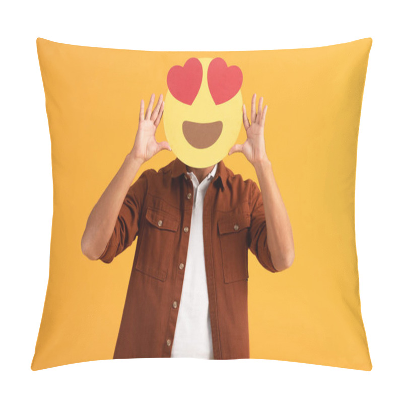 Personality  KYIV, UKRAINE - SEPTEMBER 24, 2019: Man Covering Face With Heart Eyes Cartoon Emoticon Isolated On Orange  Pillow Covers