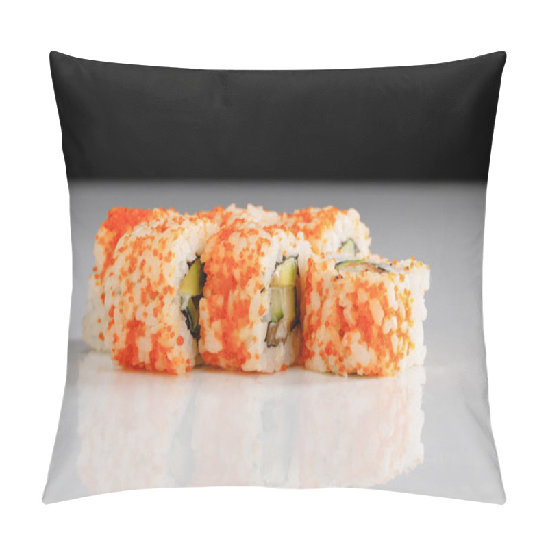 Personality  Delicious California Roll With Avocado, Salmon And Masago Caviar On White Surface Isolated On Black Pillow Covers