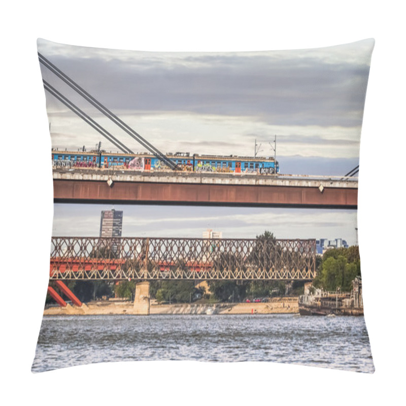 Personality  Commuter Train Crossing Belgrade New Railway Bridge Over Sava River Pillow Covers