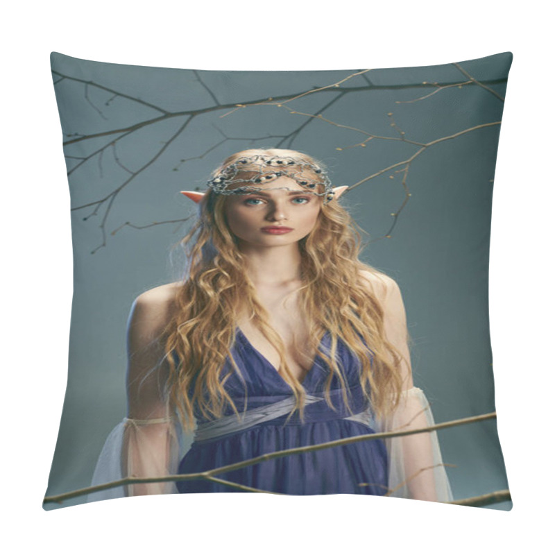 Personality  A Young Woman In A Blue Dress Standing Gracefully In Front Of A Majestic Tree In A Whimsical And Magical Setting. Pillow Covers