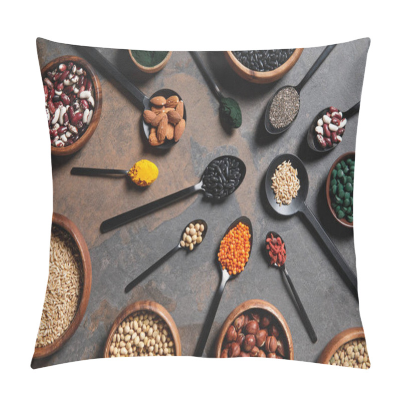 Personality  Top View Of Wooden Bowls And Spoons With Superfoods, Legumes And Grains On Table Pillow Covers