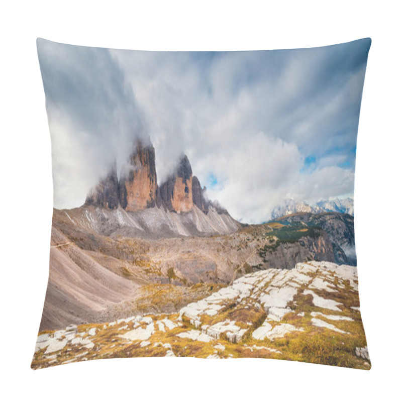 Personality  Tre Cime Di Lavaredo. Beautiful View With Big Rocks And Mountains.  Dramatic Foggy Sky. National Park Tre Cime Di Lavaredo, Dolomiti Alps, South Tyrol, Italy, Europe Pillow Covers