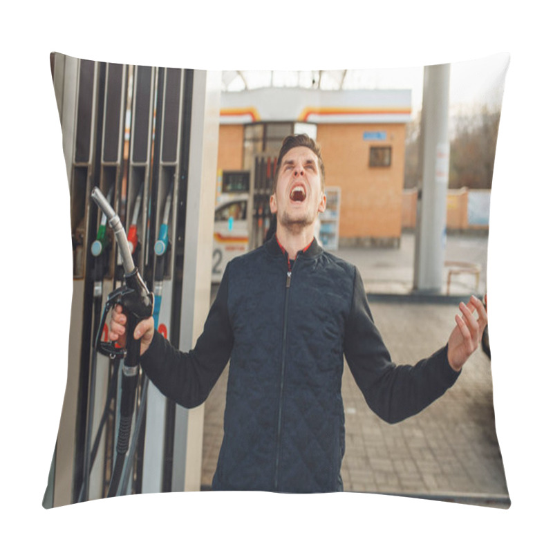 Personality  Depressed Man Cries On Gas Station, High Price On Fuel. Petrol Fueling, Gasoline Or Diesel Refuel Service, Petroleum Refueling Pillow Covers