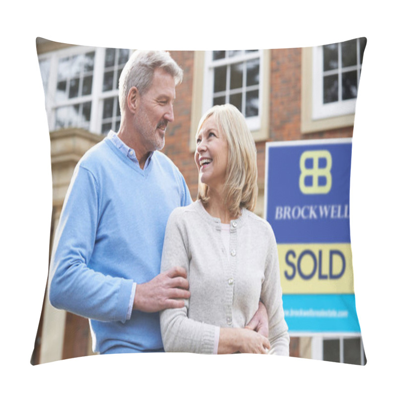 Personality  Happy Mature Couple Standing Outside House With Sold Sign Pillow Covers