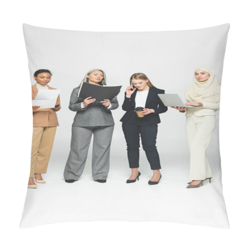 Personality  Attractive Multicultural Businesswomen With Folders Near Woman Talking On Smartphone On White  Pillow Covers