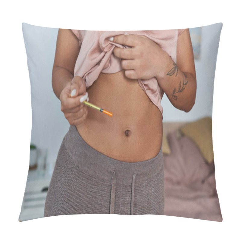 Personality  African American Woman Making Hormonal Injections In Belly, Tattoo, Pregnancy Concept, Cropped Pillow Covers