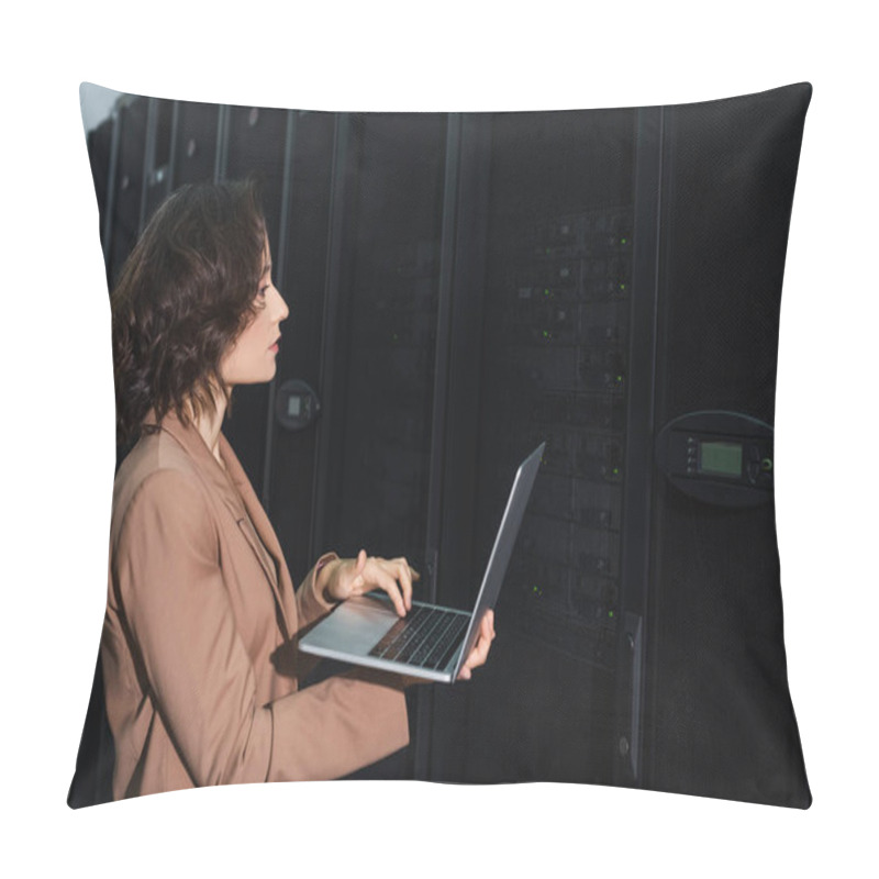 Personality  Programmer Using Laptop While Checking Servers In Data Center Pillow Covers