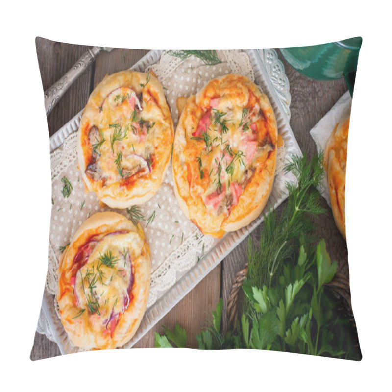 Personality  Mini Pizza With Sausage, Top View, Selective Focus Pillow Covers