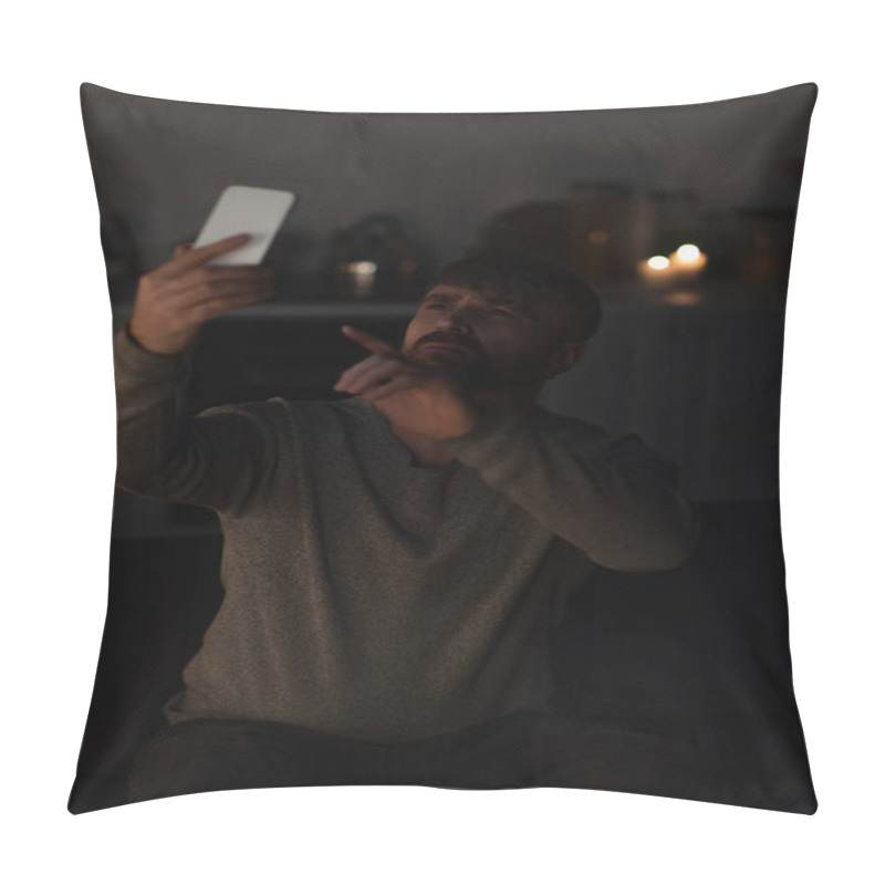 Personality  Man Pointing At Mobile Phone While Catching Signal Lost Because Of Energy Blackout Pillow Covers