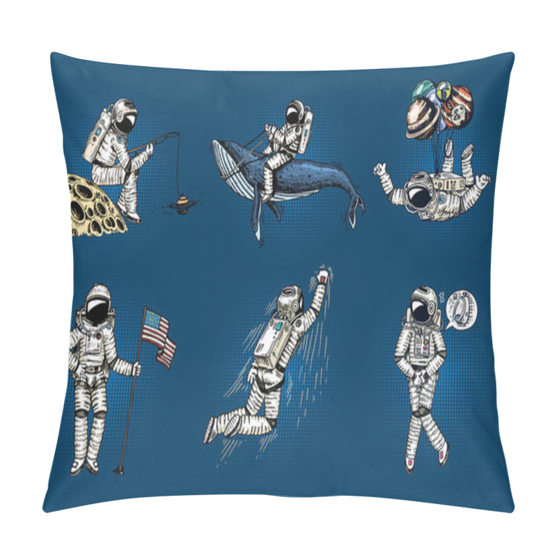 Personality  Set Of Astronauts In Space Pop Art. Collection Soaring Spaceman With Flag, Whale And Balloons. Dancer Musician Adventure In The Galaxy. Homeless Traveler Engraved Hand Drawn Comic Sketch. Pillow Covers