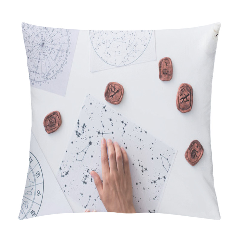 Personality  Top View Of Cropped Astrologer Near Celestial Charts And Clay Runes Pillow Covers