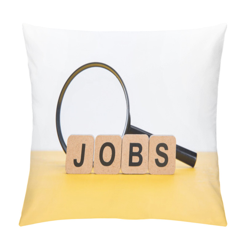 Personality  Cardboard Squares With Jobs Inscription Near Magnifying Glass On Yellow Surface Isolated On White Pillow Covers