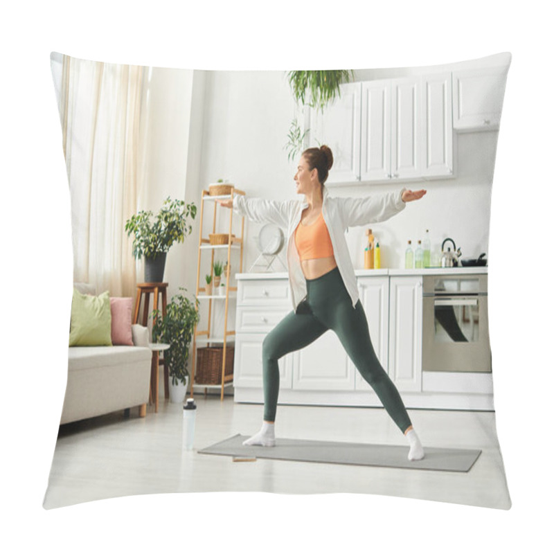 Personality  Middle Aged Woman Finds Peace Through Yoga In Her Living Room. Pillow Covers