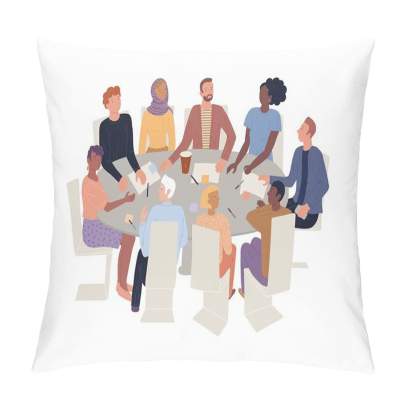 Personality  Men, Woman Of Different Ages, Nationalities Sitting At Round Desk. Group Therapy, Brainstorming Meeting. Pillow Covers