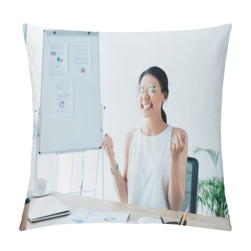 Personality  Happy Businesswoman Celebrating Triumph While Sitting At Desk In Office Pillow Covers