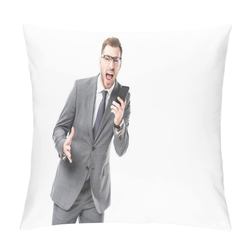 Personality  Angry Adult Businessman Shouting At Smartphone And Looking At Camera Isolated On White Pillow Covers