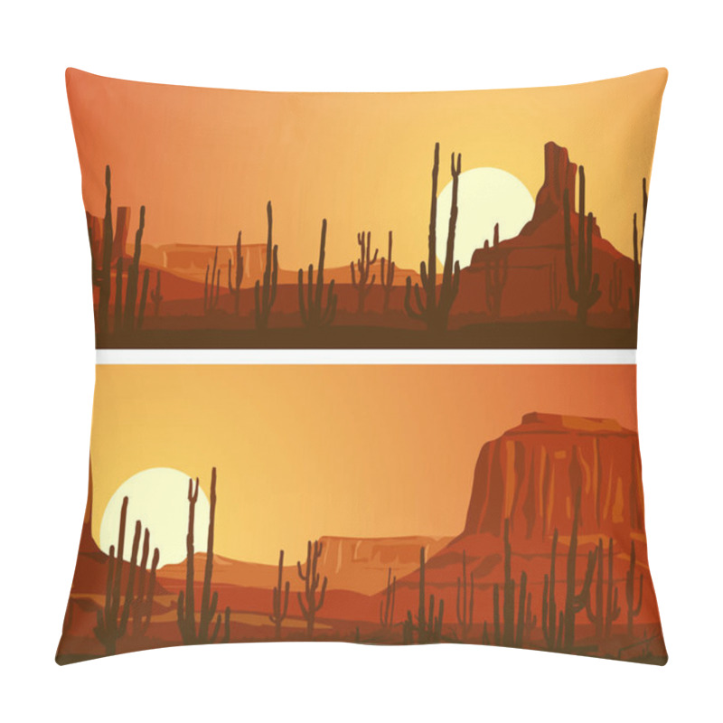 Personality  Horizontal Banners Of Desert With Cacti And Rocks At Sunset.   Pillow Covers